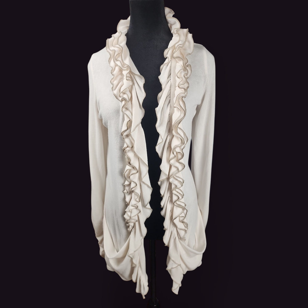STUDIO Y | Frilly Flirty Coquette‎ Soft Girl Cream Ruffle Cardigan Pockets | L